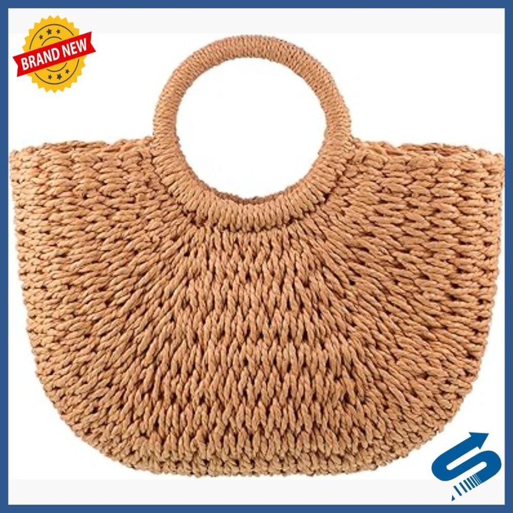 Handmade Straw Rattan Tote Bag with Lining Drawstring Travel Beach